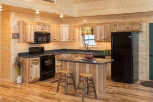 log cabin kitchen with island